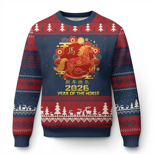Chinese New Year 2026 Ugly Christmas Sweater Year of The Horse TS10 Navy Red Print Your Wear