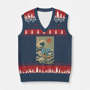 67 Surfing Japanese V-Neck Knit Sweater Vest Funny Great Wave Off Kanagawa Six Seven Brainrot Meme TS10 Navy Red Print Your Wear