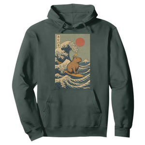 Capybara Surfing Japanese Hoodie Vintage Great Wave Off Kanagawa Anime Kawaii TS10 Dark Forest Green Print Your Wear