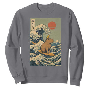 Capybara Surfing Japanese Sweatshirt Vintage Great Wave Off Kanagawa Anime Kawaii TS10 Charcoal Print Your Wear