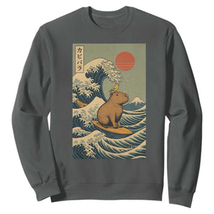 Capybara Surfing Japanese Sweatshirt Vintage Great Wave Off Kanagawa Anime Kawaii TS10 Dark Heather Print Your Wear