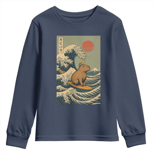 Capybara Surfing Japanese Youth Sweatshirt Vintage Great Wave Off Kanagawa Anime Kawaii TS10 Navy Print Your Wear