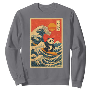 Panda Surfing Japanese Sweatshirt Vintage Great Wave Off Kanagawa Anime Kawaii TS10 Charcoal Print Your Wear