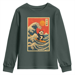 Panda Surfing Japanese Youth Sweatshirt Vintage Great Wave Off Kanagawa Anime Kawaii TS10 Dark Forest Green Print Your Wear