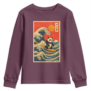 Panda Surfing Japanese Youth Sweatshirt Vintage Great Wave Off Kanagawa Anime Kawaii TS10 Maroon Print Your Wear
