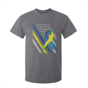 World Down Syndrome Day T Shirt For Kid Blue Yellow Ribbon American Flag T21 321 TS10 Charcoal Print Your Wear