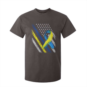 World Down Syndrome Day T Shirt For Kid Blue Yellow Ribbon American Flag T21 321 TS10 Dark Chocolate Print Your Wear