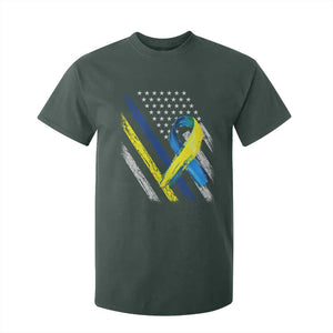 World Down Syndrome Day T Shirt For Kid Blue Yellow Ribbon American Flag T21 321 TS10 Dark Forest Green Print Your Wear