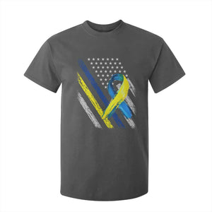 World Down Syndrome Day T Shirt For Kid Blue Yellow Ribbon American Flag T21 321 TS10 Dark Heather Print Your Wear