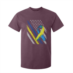 World Down Syndrome Day T Shirt For Kid Blue Yellow Ribbon American Flag T21 321 TS10 Maroon Print Your Wear