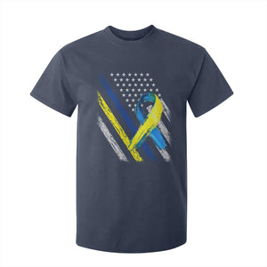 World Down Syndrome Day T Shirt For Kid Blue Yellow Ribbon American Flag T21 321 TS10 Navy Print Your Wear