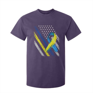 World Down Syndrome Day T Shirt For Kid Blue Yellow Ribbon American Flag T21 321 TS10 Purple Print Your Wear