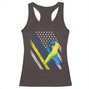 World Down Syndrome Day Racerback Tank Top Blue Yellow Ribbon American Flag T21 321 TS10 Dark Chocolate Print Your Wear