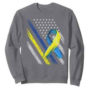 World Down Syndrome Day Sweatshirt Blue Yellow Ribbon American Flag T21 321 TS10 Charcoal Print Your Wear