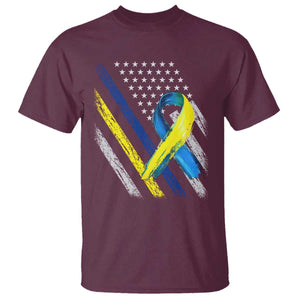 World Down Syndrome Day T Shirt Blue Yellow Ribbon American Flag T21 321 TS10 Maroon Print Your Wear