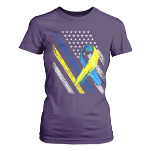 World Down Syndrome Day T Shirt For Women Blue Yellow Ribbon American Flag T21 321 TS10 Purple Print Your Wear