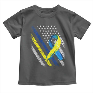 World Down Syndrome Day Toddler T Shirt Blue Yellow Ribbon American Flag T21 321 TS10 Dark Heather Print Your Wear
