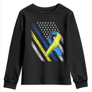 World Down Syndrome Day Youth Sweatshirt Blue Yellow Ribbon American Flag T21 321 TS10 Black Print Your Wear