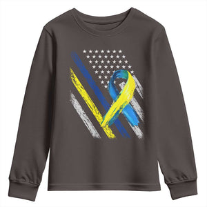 World Down Syndrome Day Youth Sweatshirt Blue Yellow Ribbon American Flag T21 321 TS10 Dark Chocolate Print Your Wear