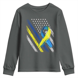 World Down Syndrome Day Youth Sweatshirt Blue Yellow Ribbon American Flag T21 321 TS10 Dark Heather Print Your Wear
