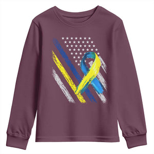 World Down Syndrome Day Youth Sweatshirt Blue Yellow Ribbon American Flag T21 321 TS10 Maroon Print Your Wear
