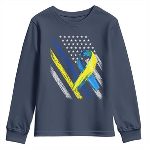 World Down Syndrome Day Youth Sweatshirt Blue Yellow Ribbon American Flag T21 321 TS10 Navy Print Your Wear