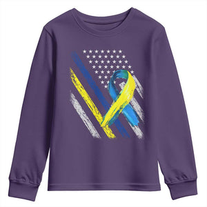 World Down Syndrome Day Youth Sweatshirt Blue Yellow Ribbon American Flag T21 321 TS10 Purple Print Your Wear