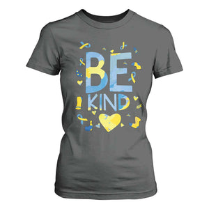 World Down Syndrome Day T Shirt For Women Awareness Support Blue Yellow Ribbon Be Nice Kind TS10 Dark Heather Print Your Wear