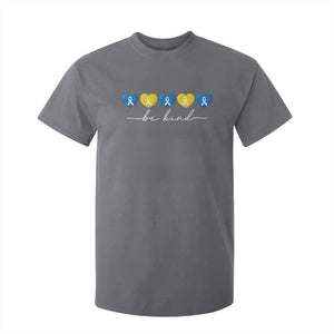 Down Syndrome Awareness T Shirt For Kid Blue Yellow Ribbon Be Kind TS10 Charcoal Print Your Wear