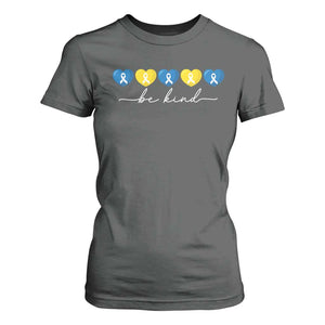 Down Syndrome Awareness T Shirt For Women Blue Yellow Ribbon Be Kind TS10 Dark Heather Print Your Wear