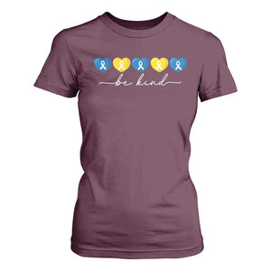 Down Syndrome Awareness T Shirt For Women Blue Yellow Ribbon Be Kind TS10 Maroon Print Your Wear