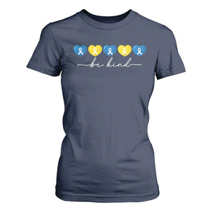 Down Syndrome Awareness T Shirt For Women Blue Yellow Ribbon Be Kind TS10 Navy Print Your Wear