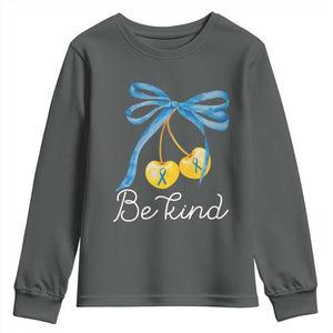 World Down Syndrome Day Youth Sweatshirt Blue Yellow Cherry Bow Coquette Be Kind TS10 Dark Heather Print Your Wear