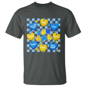 World Down Syndrome Day T Shirt Blue Yellow Ribbon Retro Heart Love TS10 Dark Heather Print Your Wear