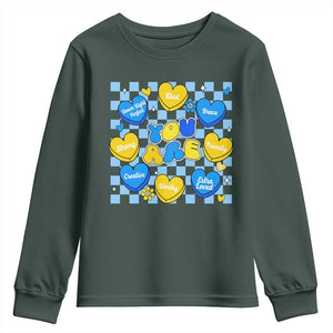 World Down Syndrome Day Youth Sweatshirt Blue Yellow Ribbon Retro Heart Love TS10 Dark Forest Green Print Your Wear