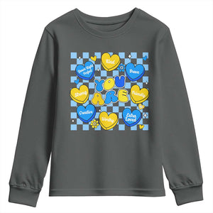 World Down Syndrome Day Youth Sweatshirt Blue Yellow Ribbon Retro Heart Love TS10 Dark Heather Print Your Wear
