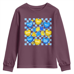 World Down Syndrome Day Youth Sweatshirt Blue Yellow Ribbon Retro Heart Love TS10 Maroon Print Your Wear