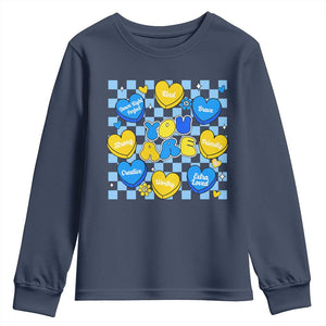 World Down Syndrome Day Youth Sweatshirt Blue Yellow Ribbon Retro Heart Love TS10 Navy Print Your Wear