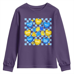 World Down Syndrome Day Youth Sweatshirt Blue Yellow Ribbon Retro Heart Love TS10 Purple Print Your Wear
