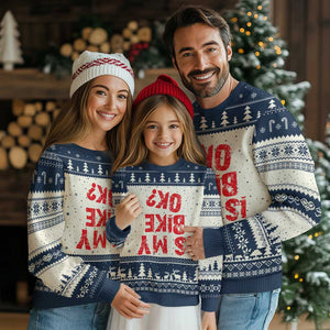Is My Bike OK? Funny Motorcycle Dirt Bike Biker Ugly Christmas Sweater Funny Mountain Biking Biker Cycling TS10 Beige Navy Print Your Wear