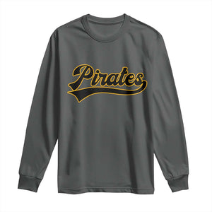 Vintage Pirates Long Sleeve Shirt Varsity Script Retro Sports Jersey Style Baseball Fans TS10 Dark Heather Print Your Wear