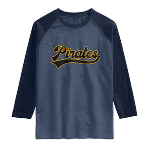 Vintage Pirates Raglan Shirt Varsity Script Retro Sports Jersey Style Baseball Fans TS10 Heather Denim Navy Print Your Wear