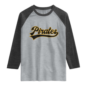 Vintage Pirates Raglan Shirt Varsity Script Retro Sports Jersey Style Baseball Fans TS10 Heather Gray Heather Charcoal Print Your Wear