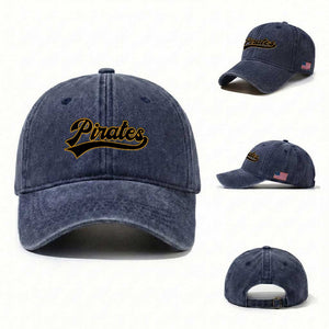 Vintage Pirates Washed Cotton Baseball Cap Varsity Script Retro Sports Jersey Style Baseball Fans TS10 Washed Cap Universal Fit Navy Print Your Wear