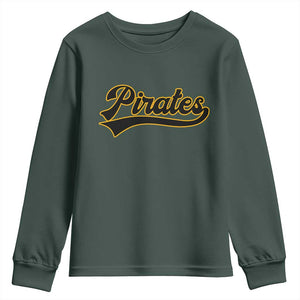 Vintage Pirates Youth Sweatshirt Varsity Script Retro Sports Jersey Style Baseball Fans TS10 Dark Forest Green Print Your Wear
