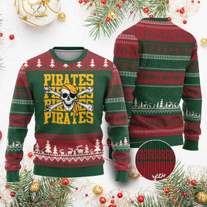 Retro Pirates Ugly Christmas Sweater Vintage Retro Skull Crossbones Baseball Fans TS10 Red Green Print Your Wear