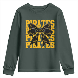 Pirates Coquette Bow Youth Sweatshirt Retro Sports Style Pirate Skull TS10 Dark Forest Green Print Your Wear