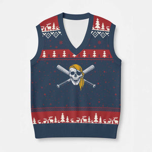 Baseball Pirate Skull V-Neck Knit Sweater Vest Retro Vintage Cross Baseball Bats TS10 Navy Red Print Your Wear