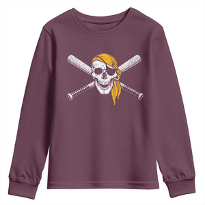 Baseball Pirate Skull Youth Sweatshirt Retro Vintage Cross Baseball Bats TS10 Maroon Print Your Wear