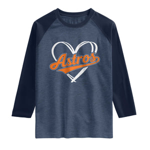 Vintage Astro Name Sports Style Raglan Shirt Varsity Script Vintage Baseball Heart Graphic TS10 Heather Denim Navy Print Your Wear